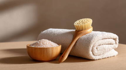 Relaxing spa setup featuring fluffy towels, natural bath salts, and wooden brush for a serene self-care experience