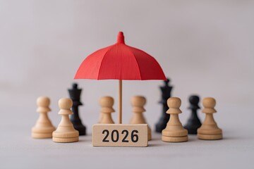 Red umbrella sheltering chess pieces and a 2026 block, representing insurance, protection, and strategic business planning
