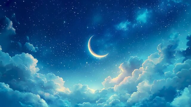 メルヘンチックな夜空に浮かぶ三日月と雲のイラスト背景