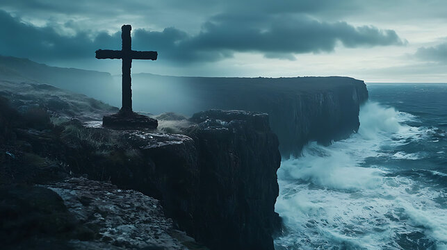 A large cross is on a rocky cliff overlooking the ocean - Powered by Adobe