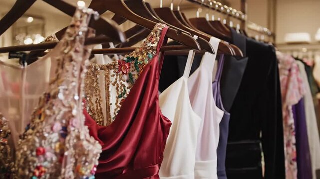 Dresses on a rack in a shop, dresses of various colors, hung on dark wooden hangers in a warm, inviting setting