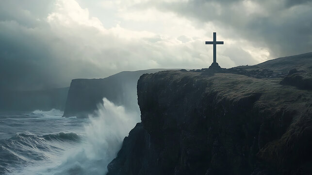 A large cross is on a cliff overlooking the ocean - Powered by Adobe