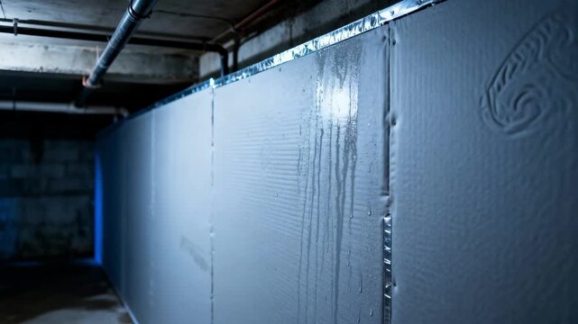 Closeup medium shot of moistureresistant drywall in a basement emphasizing protection against dampness and mold growth in lowlight conditions.