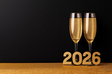 Two champagne glasses filled with golden glitter liquid and 2026 numbers on a golden sparkling surface with black background