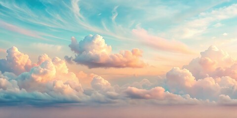 Serene Pastel Cloudscape An ethereal view of fluffy, soft clouds illuminated by a breathtaking sunset, showcasing a tranquil and dreamy atmosphere.