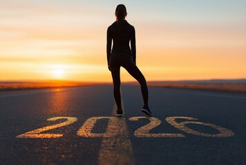 Fototapeta premium Woman standing on a road marked 2020, looking towards a beautiful sunset. Symbolizing new beginnings, goals, and future