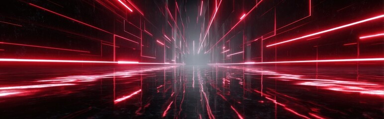 Abstract red light beams and lines in a futuristic digital tunnel structure