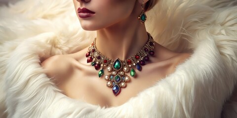 A woman's radiant neck adorned with a magnificent gemstone necklace and elegant earrings, nestled in luxurious white fur.