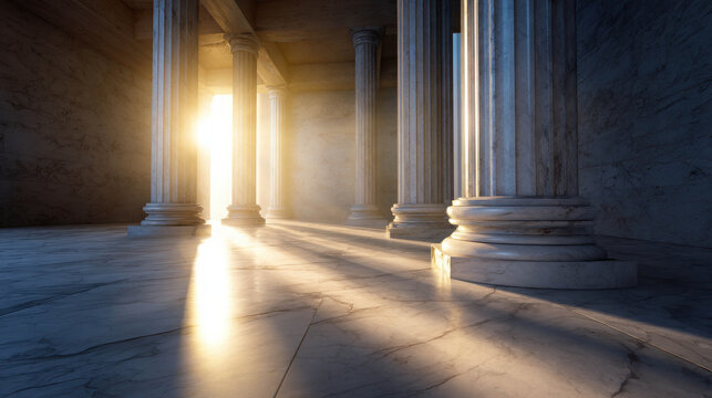 Serene Hall of Philosophers Bathed in Warm Golden Light with Majestic Columns and Marble Floor