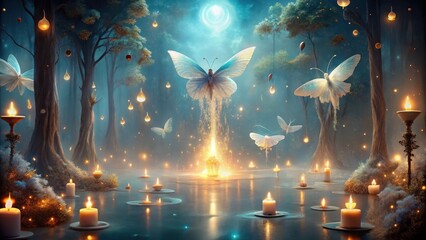 Enchanted Moonlight Forest with Glowing Candles and Luminescent Butterflies Reflecting in a Still Pond