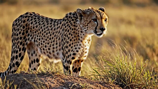 A Majestic Cheetah Stands Alert in the Golden Light of the African Savanna at Sunrise with Sparse Grassland and Warm Hues