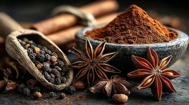 Spices including cinnamon star anise peppercorns and ground cinnamon in a rustic setting. - Powered by Adobe
