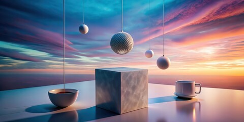 Serene Sunset Still Life with Suspended Spheres, a Cubic Display, and a Cup of Beverage
