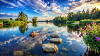Serene Lakeside Vista Smooth Water Reflecting Colorful Clouds and Lush Foliage, Stones in the Calm Water at Sunset