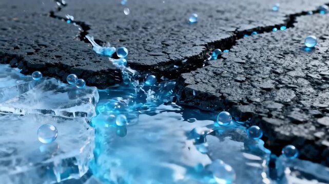 Medium shot of cold selfhealing asphalt showing microcapsules activating as icy surface cracks begin to mend