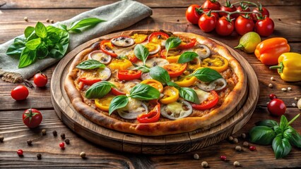 Delicious Vegetarian Pizza on Rustic Wooden Board with Fresh Basil and Colorful Vegetables