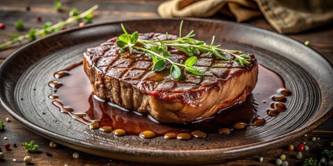 A savory grilled steak, glistening with a rich reduction sauce, artfully presented on a rustic plate, garnished with fresh herbs, a culinary delight