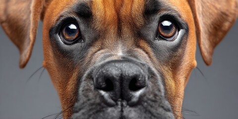 Charming Boxer Dog with Expressive Eyes and Playful Demeanor on a Soft Gray Backdrop Canvas