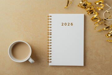 Obraz premium 2026 planner with coffee and golden party decorations on a gold background, symbolizing new year resolutions and planning
