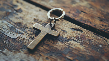 A gold cross is hanging from a key chain