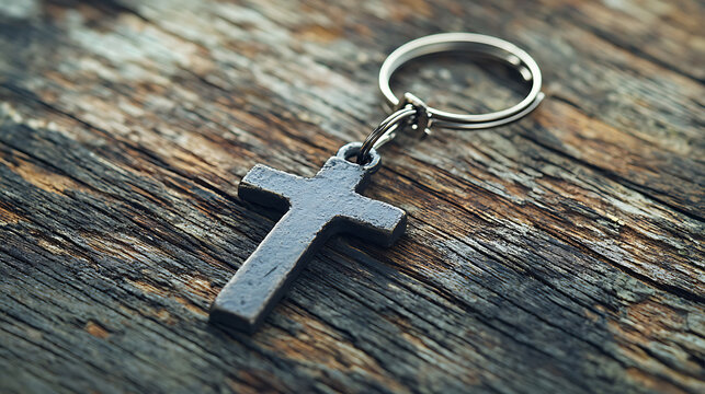 A silver cross key chain is on a wooden surface - Powered by Adobe