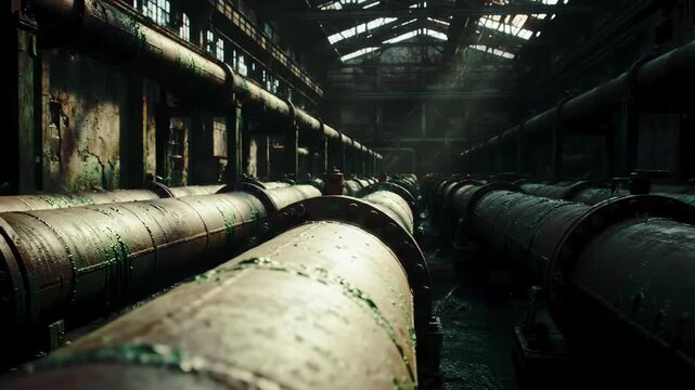 Endless rows of pipes stretch through a derelict warehouse with natural light filtering in from the decaying roof