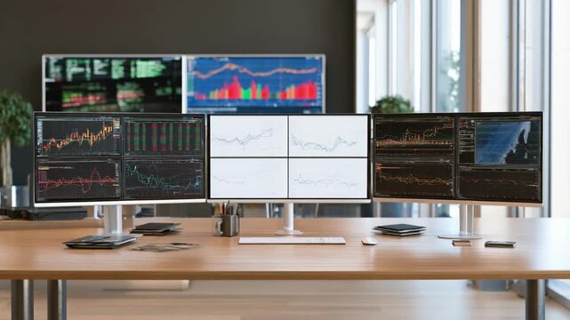 Professional workspace featuring a clean paperless setup with multiple digital screens displaying financial data and charts in a modern office.