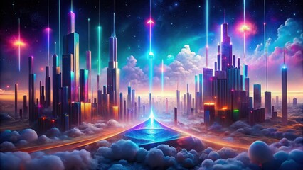 A Futuristic Metropolis Above the Clouds, Illuminated by Vibrant Beams of Light, Connecting Two Cityscapes Across a Glowing Pathway