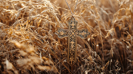 A cross necklace is hanging in a field of tall grass
