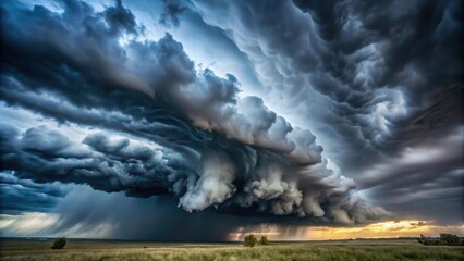 A Majestic and Dramatic Storm Cloud Formation Over a Serene Grassland Landscape at Sunset