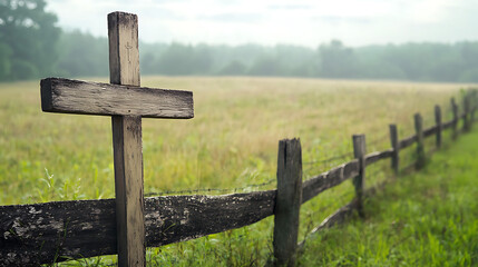 Fototapeta premium A wooden cross is standing in a field