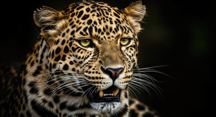 Obraz premium Majestic leopard portrait with piercing golden-green eyes and intricate spotted fur, capturing the wild essence of this powerful big cat.