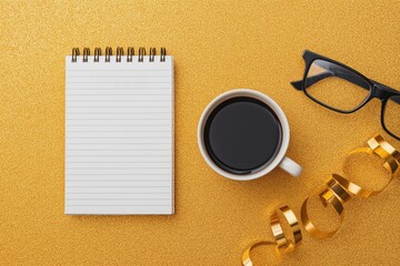 Notepad, coffee, and glasses on a sparkling gold surface, perfect for New Year's resolutions and festive planning