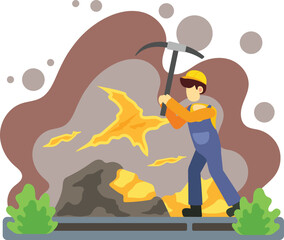 Miner extracting gold with pickaxe underground illustration