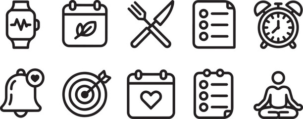 Black icons of wellness and productivity including fitness, planning, goals, reminders, and mindfulness