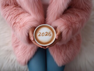 Woman holding a warm coffee cup with 2026 latte art, celebrating the New Year in a cozy pink faux fur coat