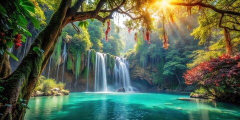 Serene Waterfall Cascading into a Lush Emerald Pool, Bathed in Golden Sunlight, Surrounded by Vibrant Green Foliage and Hanging Vines
