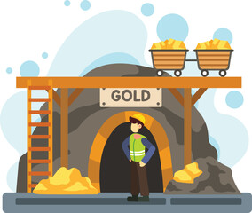 Worker standing at gold mine entrance with loaded carts illustration