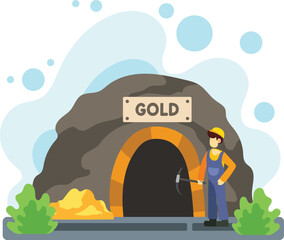 Miner standing at gold cave entrance holding pickaxe illustration