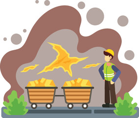 Worker inspecting gold carts in underground mine illustration
