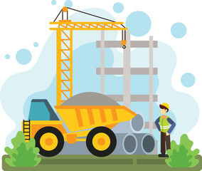 Construction site with worker truck and crane illustration