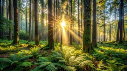 Sunbeams Illuminate a Verdant Forest Floor with Lush Ferns and Moss-Covered Trees