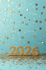 Golden numbers 2026 standing on glittering confetti with stars and bokeh lights on a blue background, offering copy space