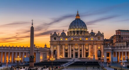 Fototapeta premium St. Peter' Basilica and Illuminated at Sunset in Vatican City, Rome - Majestic Twilight View of an Iconic Architectural and Religious Landmark