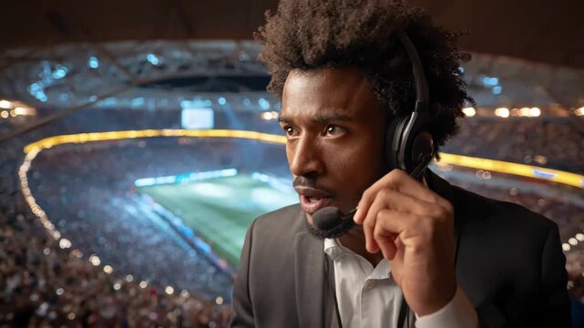 Medium shot capturing a sports event interpreter conveying realtime commentary for viewers at a dynamic stadium venue.