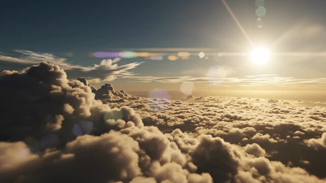 Ethereal view of clouds bathed in sunlight, celestial expanse above, perspective from above