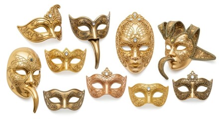 Elegant Collection of Golden Venetian Carnival Masks featuring Intricate Ornate Designs, Half and Full Face Styles, and Gemstone Accents, Perfect for Masquerade, Isolated on White