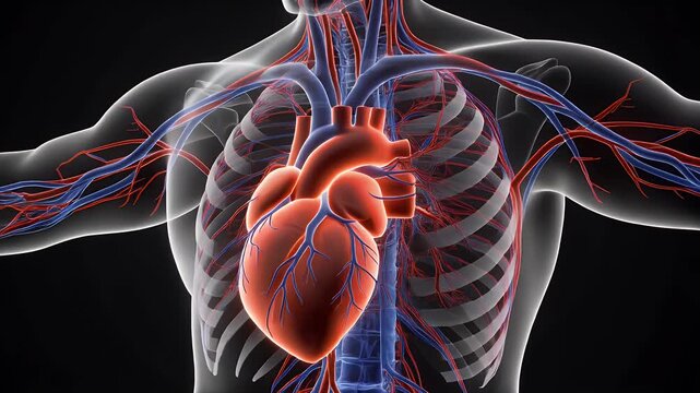 Visually striking 3D render illustrating the complex human heart and circulatory system, showcasing arteries and veins within a translucent body structure for medical education and research