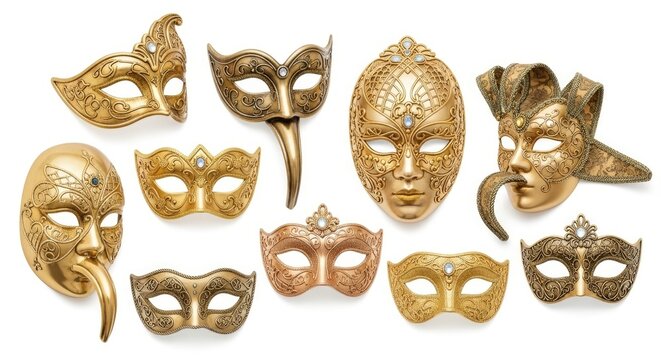 Elegant Collection of Golden Venetian Carnival Masks featuring Intricate Ornate Designs, Half and Full Face Styles, and Gemstone Accents, Perfect for Masquerade, Isolated on White
