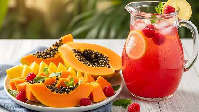 Refreshing tropical papaya fruit salad and iced tea with raspberries and mint